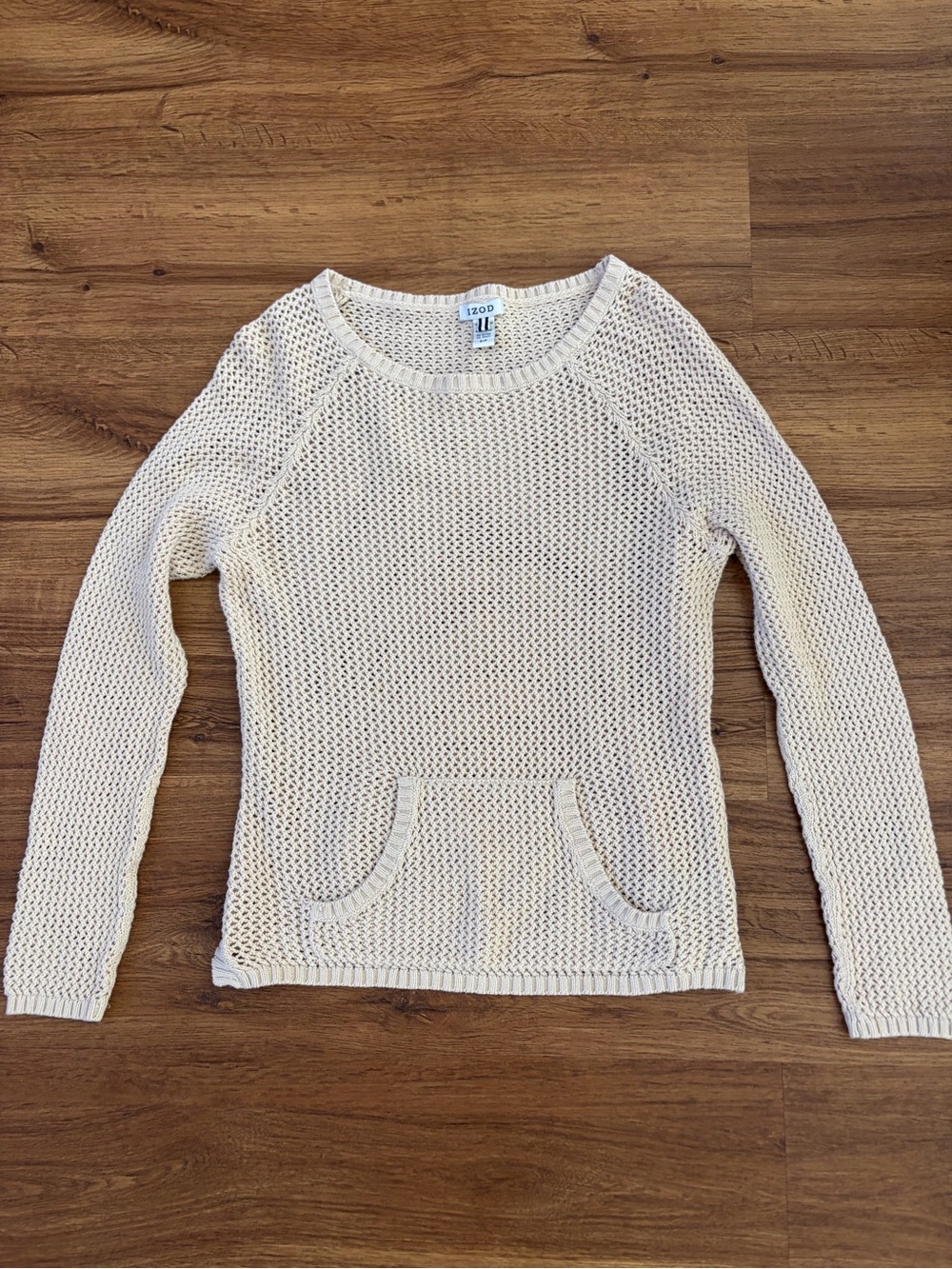 Izod Open-Weave Cream Crewneck Sweater with Front Pocket